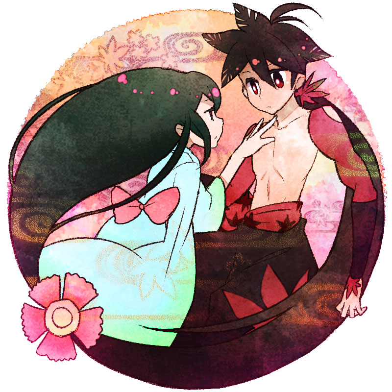 1girl, black_hair, brother_and_sister, flower, japanese_clothes, katanagatari, kimono, leaf