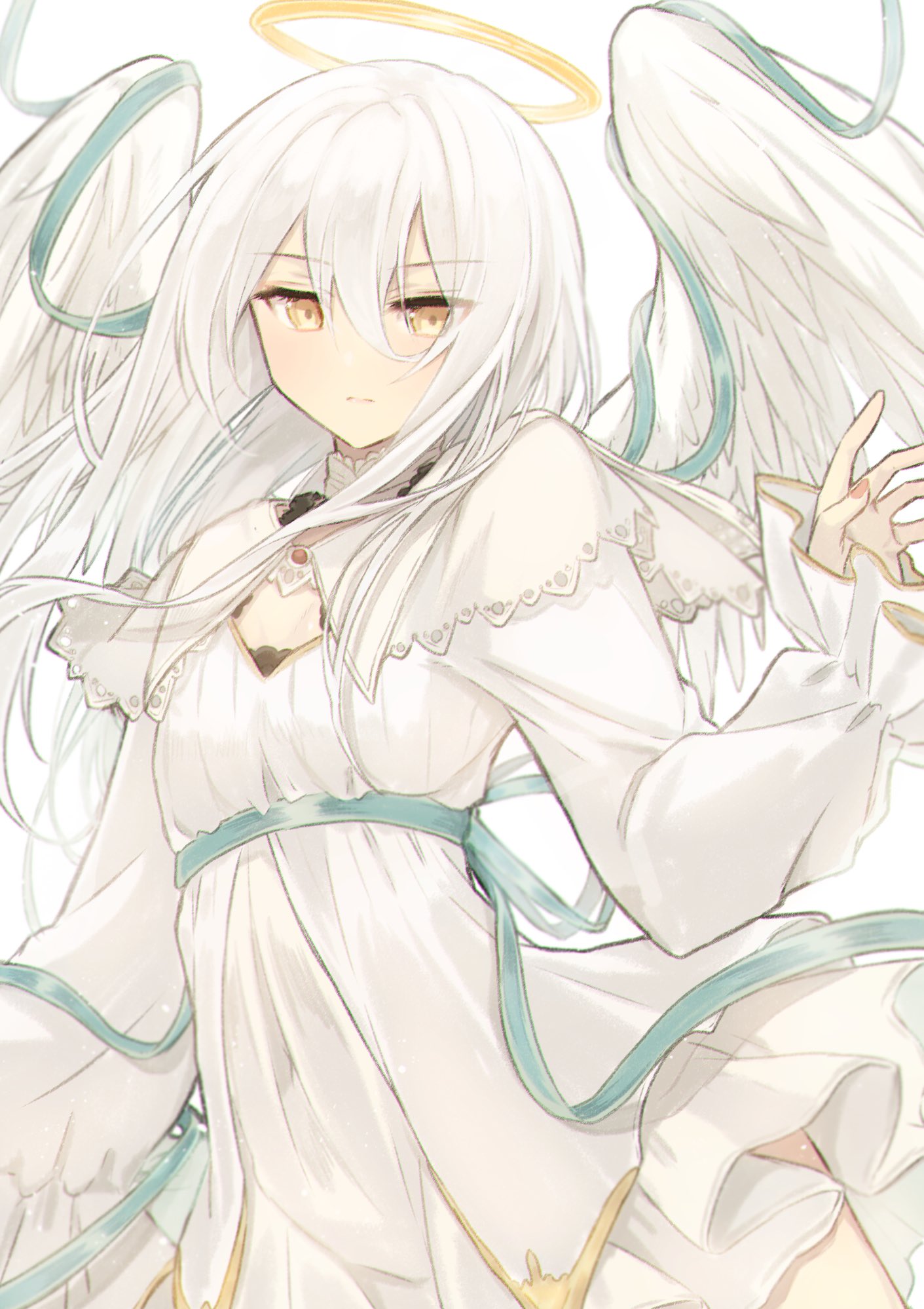 1010_neg, 1girl, angel, angel_wings, breasts, capelet, chinese_commentary, choker, dress, expressionless, eyebrows_visible_through_hair, frilled_capelet, frilled_sleeves, frills, gold_trim, green_ribbon, hair_between_eyes, halo, hand_up, highres, long_hair, looking_at_viewer, navel, original, ribbon, simple_background, small_breasts, solo, upper_body, white_background, white_choker, white_dress, white_hair, wide_sleeves, wings, yellow_eyes