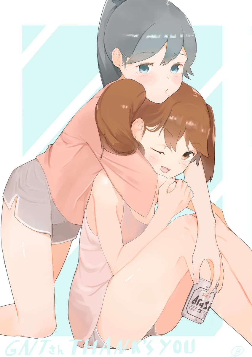 2girls, absurdres, black_hair, blue_eyes, blush, brown_eyes, brown_hair, co_botan