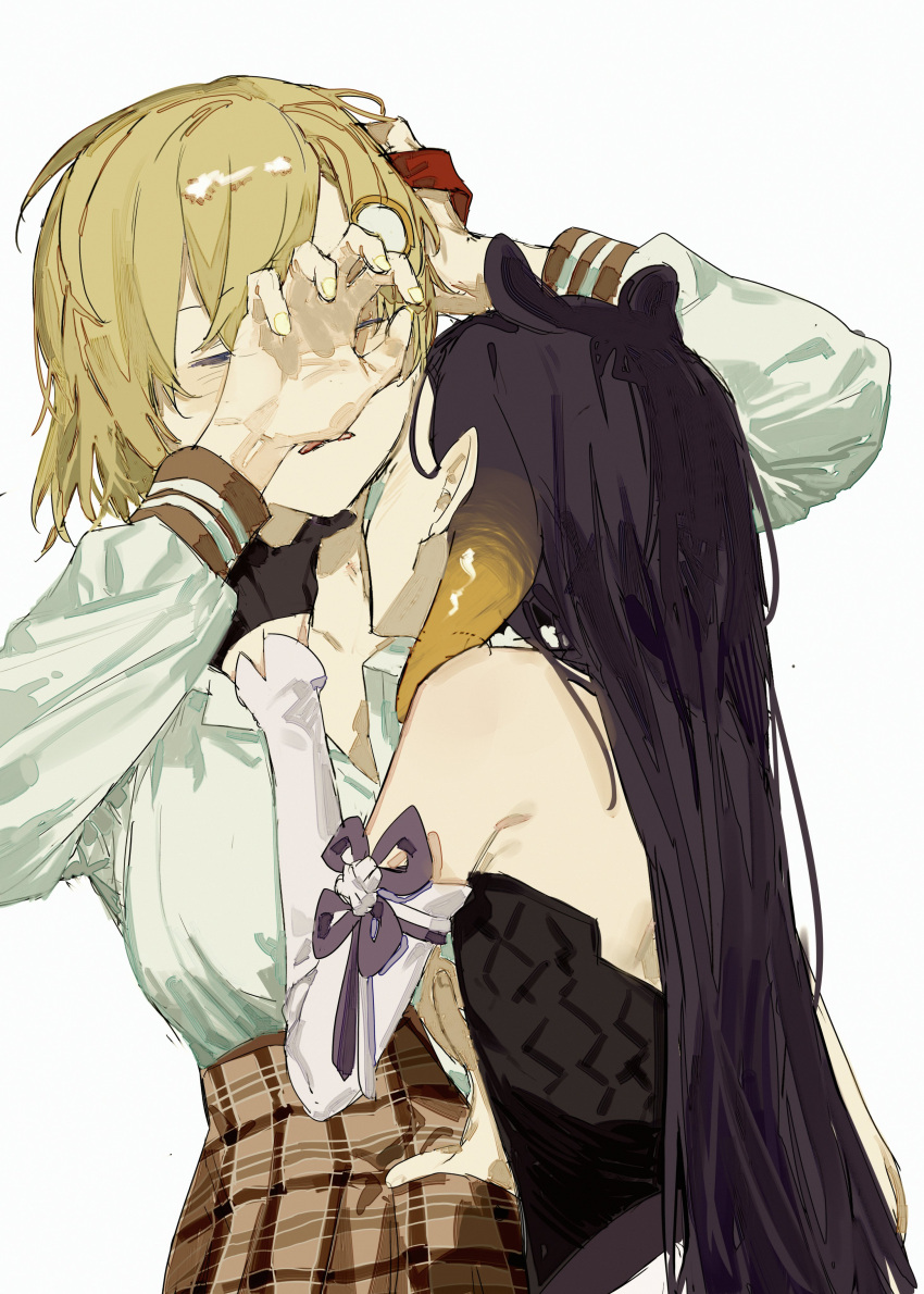 2girls, absurdres, backless_dress, backless_outfit, bangs, black_gloves, blonde_hair, chinese_commentary