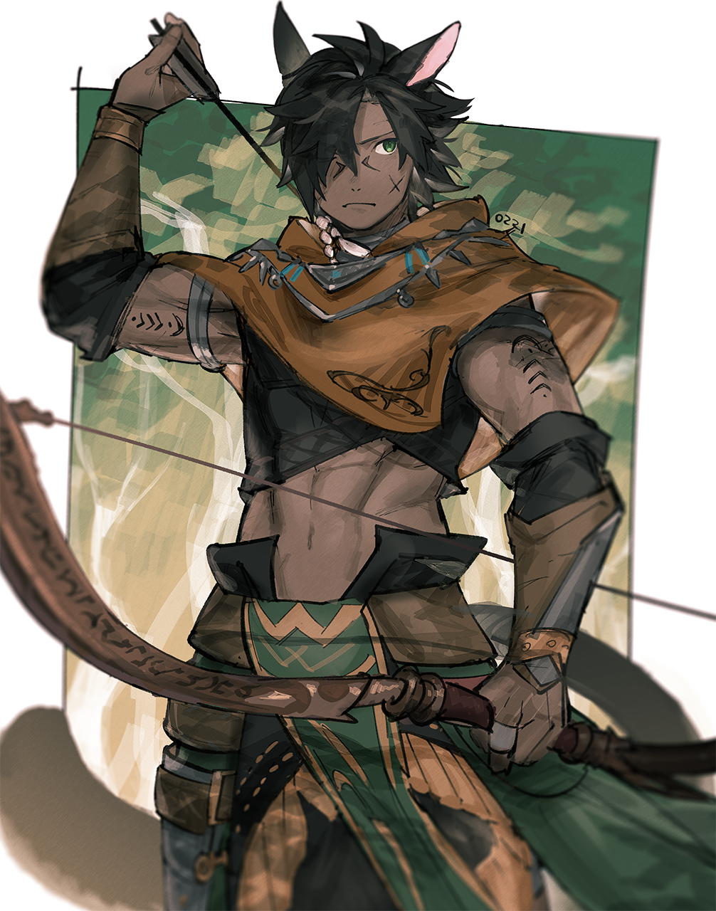 1boy, abs, animal_ears, avatar_(ffxiv), black_hair, black_shirt, bow_(weapon), brown_capelet