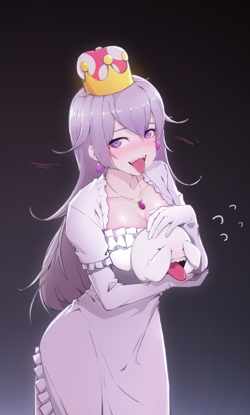 1girl, absurdres, boo_(mario), breasts, closed_eyes, colored_tongue, covering_eyes, crown, dress, earrings, elbow_gloves, gloves, highres, jewelry, light_purple_hair, long_hair, luigi's_mansion, medium_breasts, mini_crown, necklace, new_super_mario_bros._u_deluxe, nunvora, pale_skin, princess_king_boo, purple_tongue, sharp_teeth, short_sleeves, super_crown, super_mario_bros., teeth, tilted_headwear, tongue, tongue_out, violet_eyes, white_dress, white_gloves