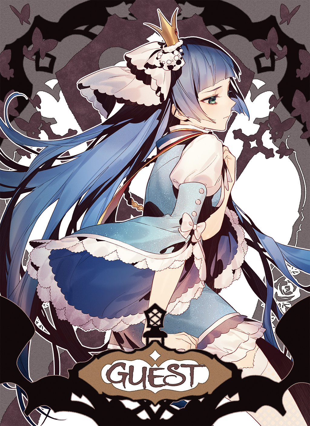 aluce, bangs, blue_dress, blue_eyes, blue_hair, closed_mouth, crown, dress, eyebrows_visible_through_hair, hand_on_own_chest, hat, highres, juliet_sleeves, light_blush, long_hair, long_sleeves, looking_to_the_side, piece_(umineko), puffy_sleeves, solo, standing, umineko_no_naku_koro_ni, very_long_hair, witch, witch_hat