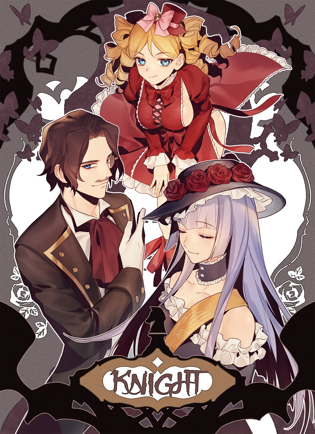 1boy, 2girls, aluce, black_hair, blue_eyes, bow, bug, butterfly