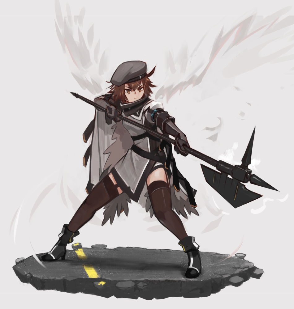 1girl, :<, ahoge, arknights, armband, beret, black_footwear, black_gloves