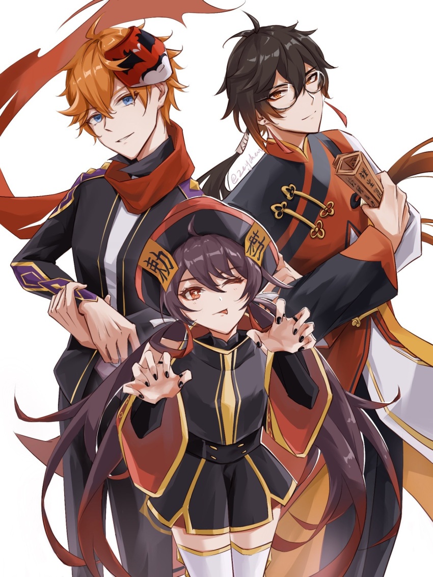 1girl, 2boys, :|, ahoge, bamboo_scroll, bangs, black_hair, black_nails