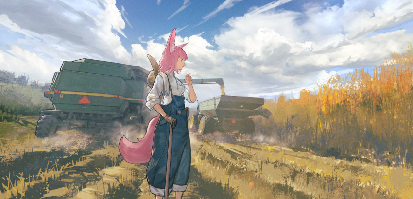 1girl, animal_ears, black_gloves, blue_overalls, blue_sky, chinese_commentary, cigarette, clouds
