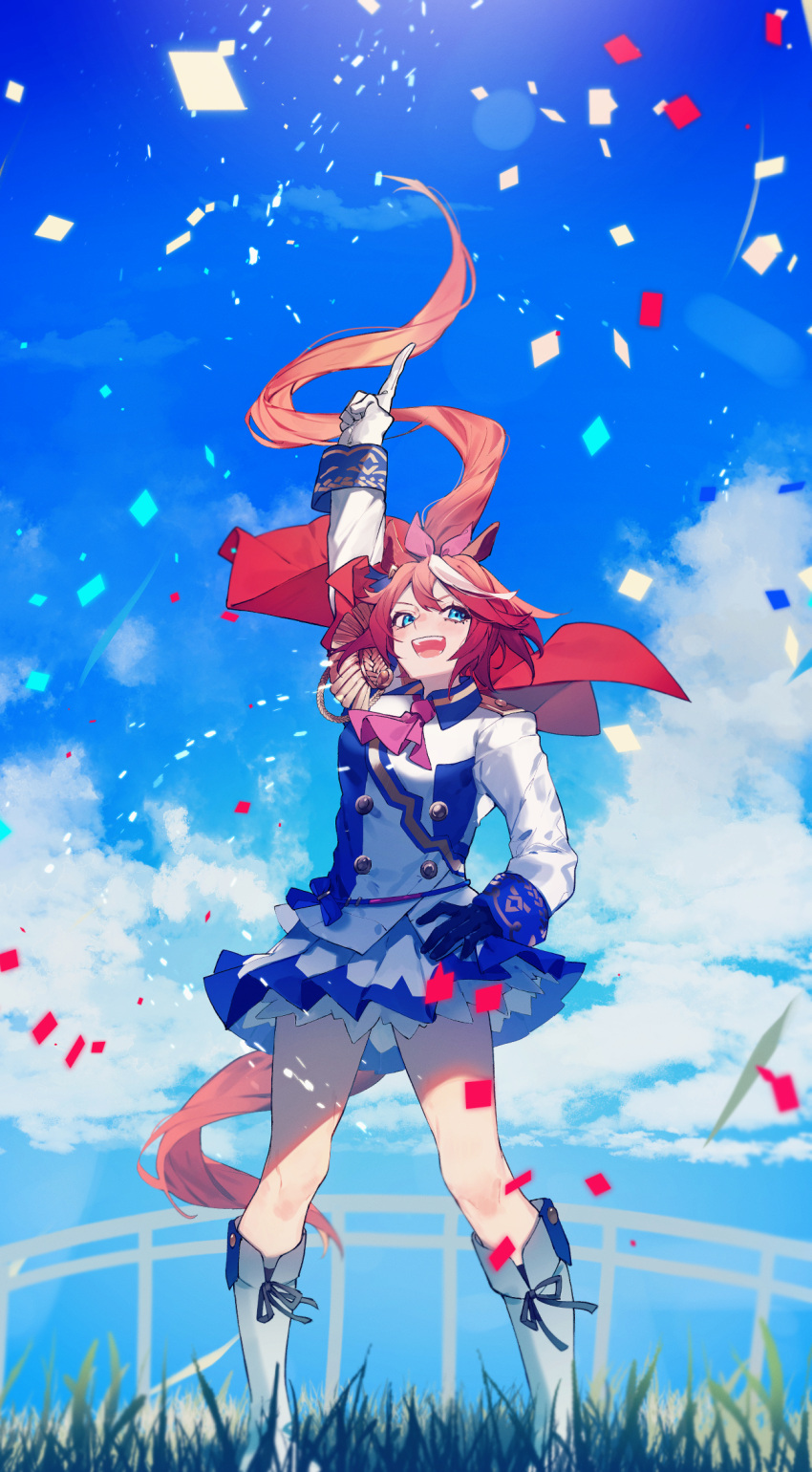 :d, animal_ears, asymmetrical_gloves, blue_eyes, blue_shirt, blue_skirt, blue_sky, boots