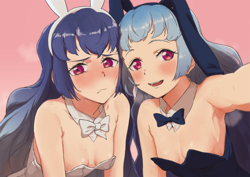 2girls, :d, animal_ears, armpits, bare_shoulders, big_hair, blue_bow, blue_hair