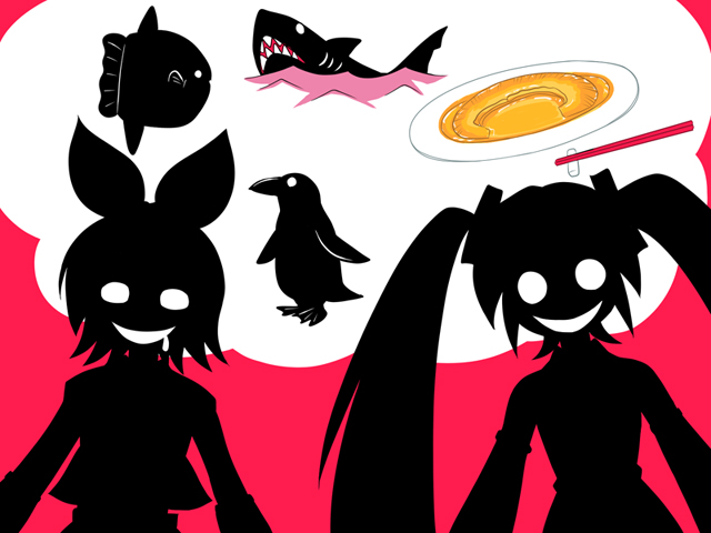 evil_grin, fish, food, grin, hatsune_miku, kagamine_rin, kamiyama_izumi, long_hair