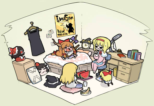 bad_id, bedroom, bespectacled, blonde_hair, book, bow, brown_hair, chibi