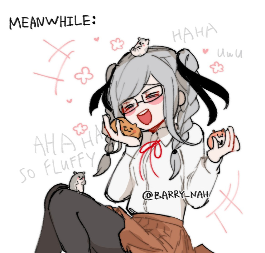 1girl, :d, animal, animal_on_head, bangs, barry_nah, black_legwear, black_ribbon