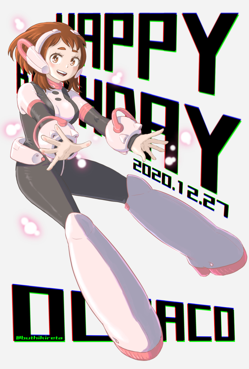 1girl, :d, bangs, black_bodysuit, blush, bnags, bodysuit, boku_no_hero_academia