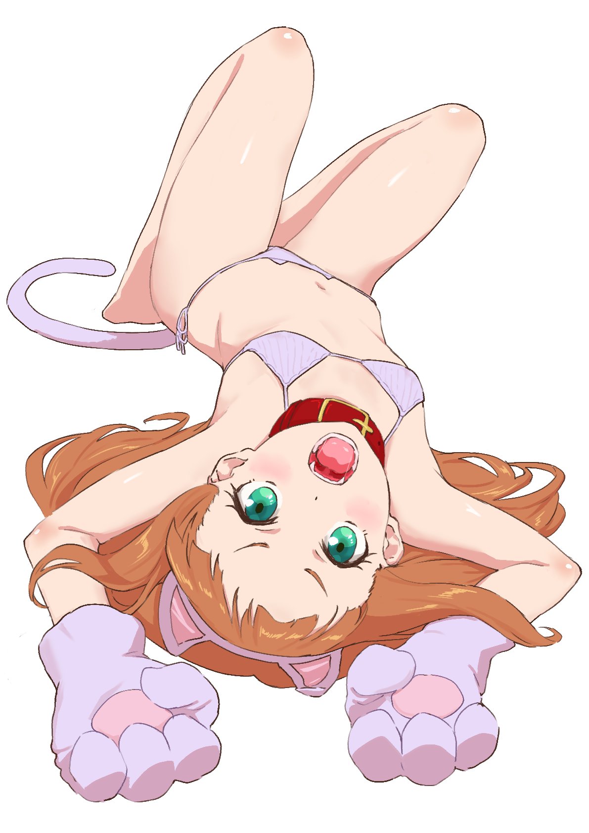 1girl, animal_ears, animal_hands, animal_print, belt_collar, bikini, blush, brown_hair
