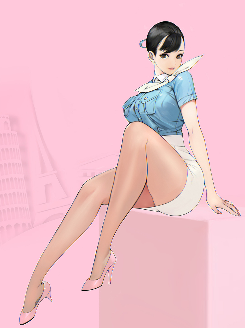 1girl, absurdres, arm_support, bangs, black_hair, bobobong, breast_pocket, breasts