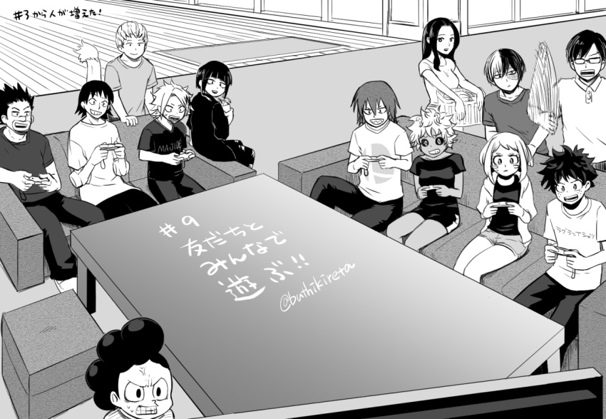 4girls, 6+boys, ashido_mina, bangs, boku_no_hero_academia, breasts, buthikireta, clenched_teeth, commentary_request, couch, glasses, greyscale, grin, holding, hood, hood_down, iida_tenya, indoors, jirou_kyouka, joy-con, kaminari_denki, kirishima_eijirou, medium_breasts, midoriya_izuku, mineta_minoru, monochrome, motion_lines, multiple_boys, multiple_girls, numbered, ojiro_mashirao, pants, playing_games, satou_rikidou, sero_hanta, shirt, short_hiar, short_sleeves, sitting, smile, teeth, todoroki_shouto, translation_request, twitter_username, uraraka_ochako, yaoyorozu_momo