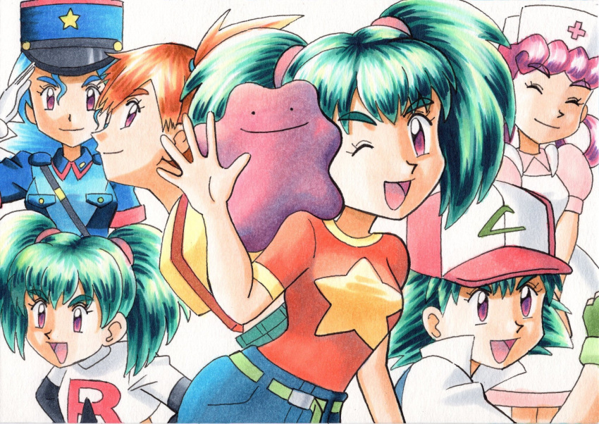 1girl, ;d, apron, ash_ketchum, ash_ketchum_(cosplay), bangs, baseball_cap, black_gloves