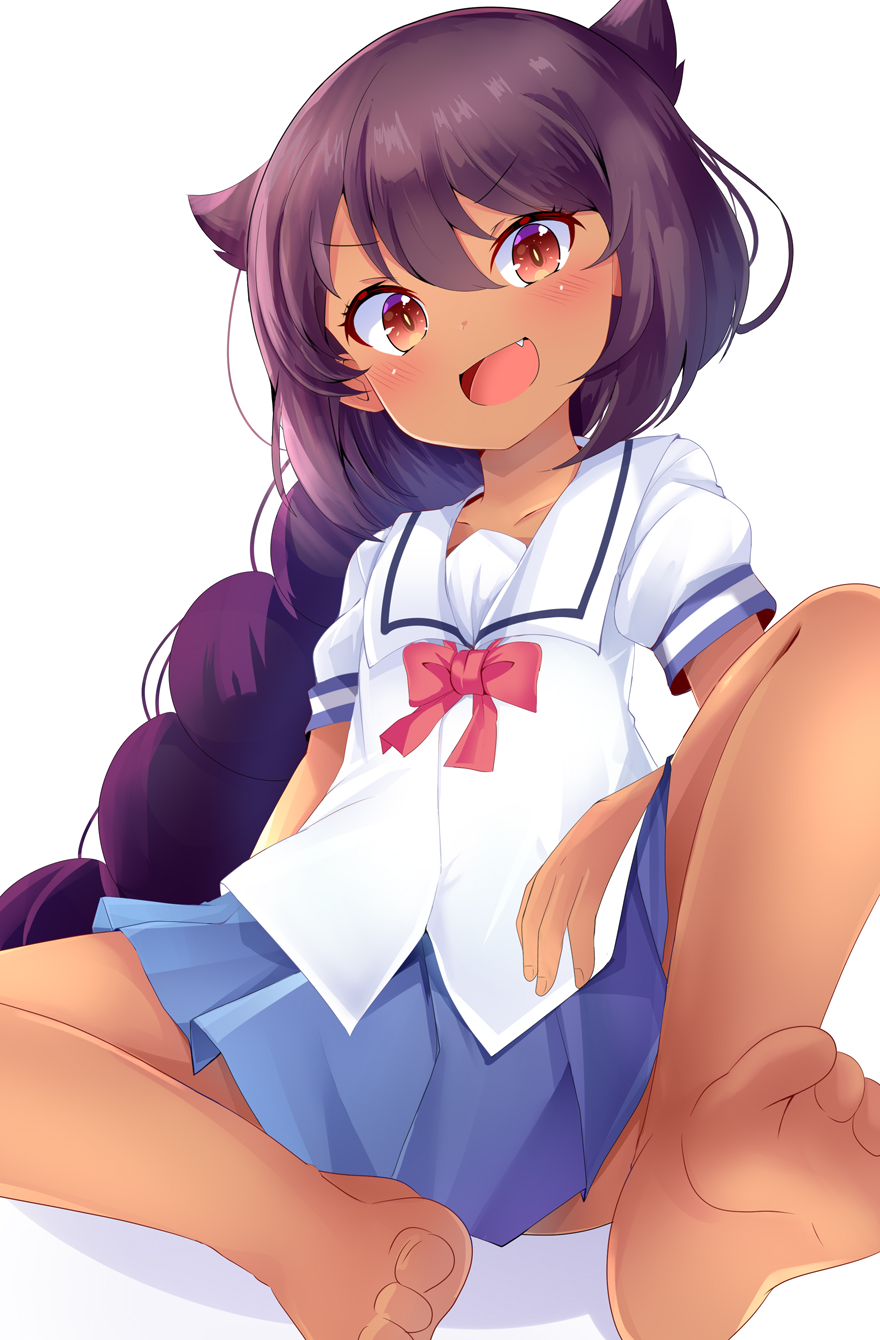 1girl, aru_(arudes), barefoot, black_hair, blue_skirt, blush, braid, brown_eyes, collarbone, cosplay, dark-skinned_female, dark_skin, eyebrows_visible_through_hair, fang, highres, jahy, jahy-sama_wa_kujikenai!, long_hair, looking_at_viewer, open_mouth, pleated_skirt, single_braid, sitting, skirt, smile, solo, tanemura_koyori, tanemura_koyori_(cosplay), watashi_ni_tenshi_ga_maiorita!
