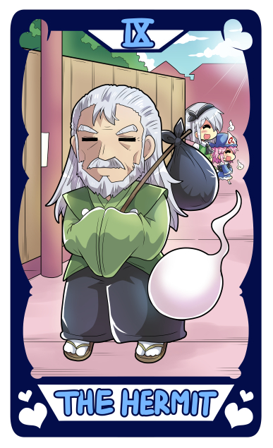 1boy, 2girls, =_=, blue_kimono, closed_eyes, colonel_aki, crossed_arms, facial_hair