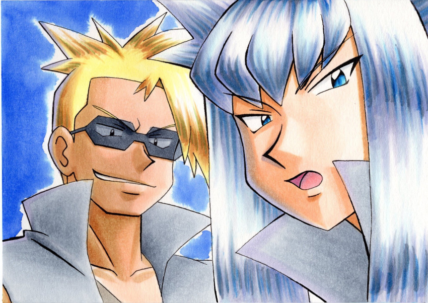 2boys, attila_(pokemon), bangs, black_eyes, blonde_hair, blue_background, blue_eyes, collarbone, commentary_request, eyebrows_visible_through_hair, grey_hair, grey_jacket, grey_vest, highres, hun_(pokemon), jacket, long_hair, looking_down, male_focus, multiple_boys, oka_mochi, open_mouth, parted_lips, pokemon, pokemon_(anime), pokemon_(classic_anime), popped_collar, shirt, smirk, spiky_hair, sunglasses, team_rocket, tongue, traditional_media, vest