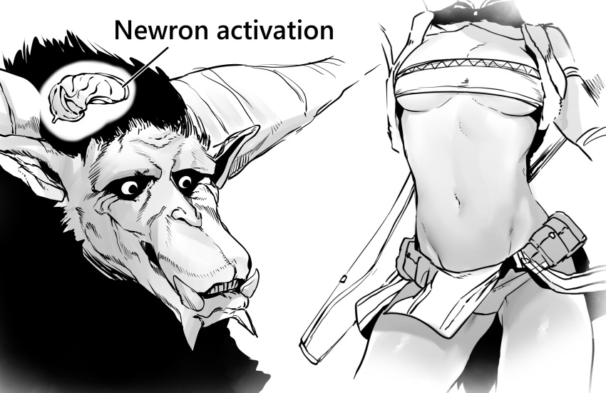 1girl, absurdres, bandeau, belt, belt_pouch, brain, breasts, greyscale