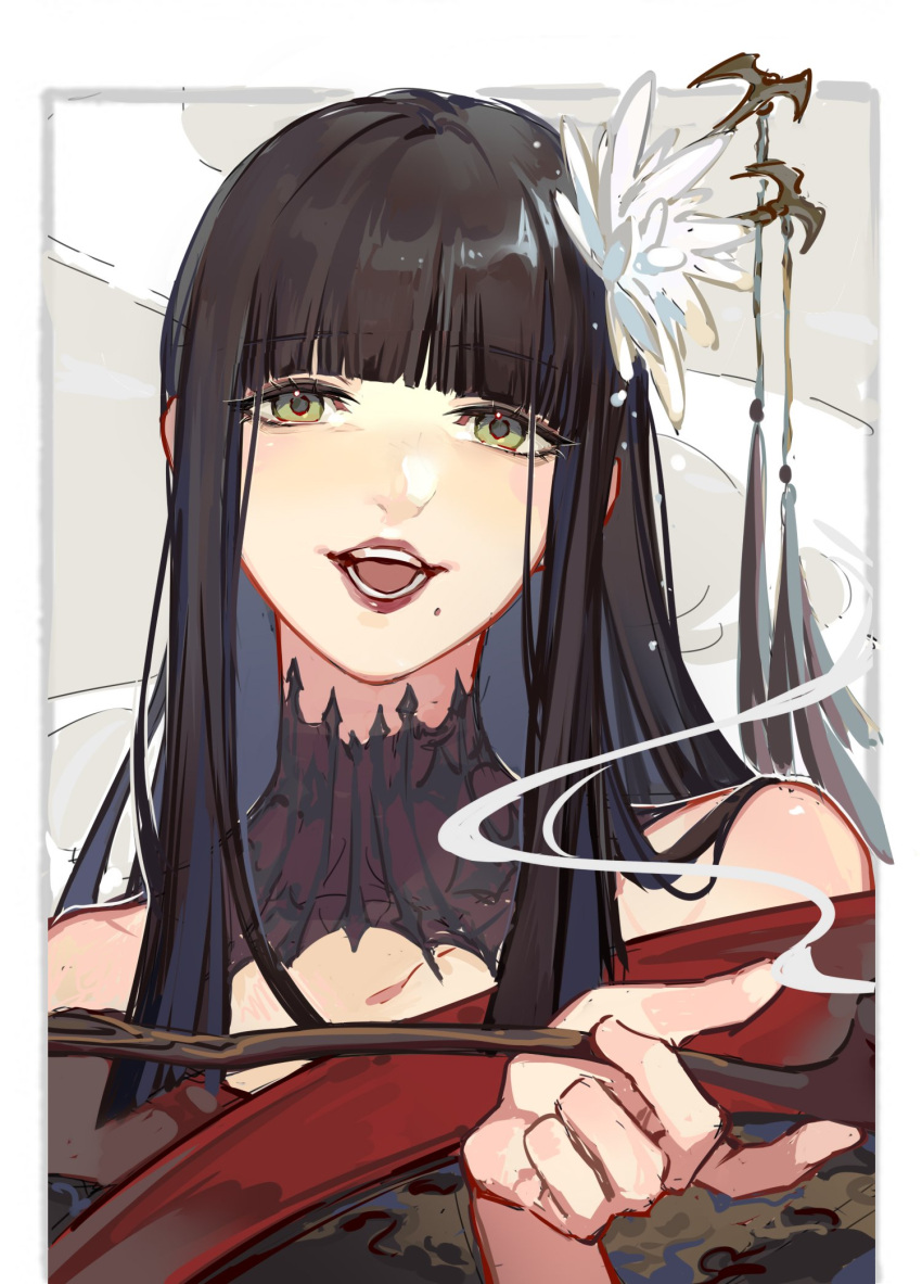 1girl, bangs, bare_shoulders, black_hair, blunt_bangs, crow0cc, final_fantasy, final_fantasy_xiv