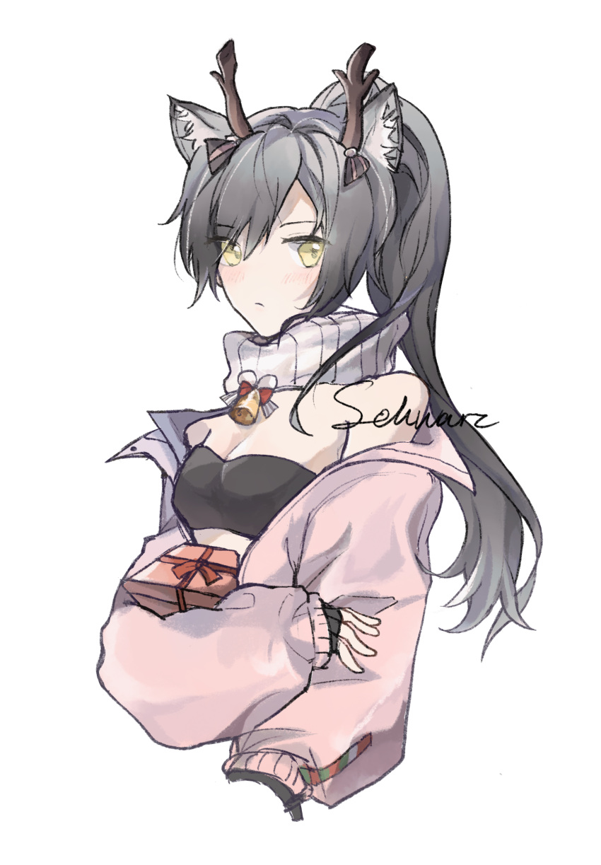 1girl, animal_ears, arknights, bandeau, bangs, bare_shoulders, black_gloves, breasts, cat_ears, character_name, commentary_request, eyebrows_visible_through_hair, fake_antlers, fingerless_gloves, gloves, hechahuaji, highres, jacket, long_hair, looking_at_viewer, off_shoulder, pink_jacket, ponytail, scarf, schwarz_(arknights), schwarz_(presents)_(arknights), silver_hair, simple_background, small_breasts, solo, strapless, tube_top, upper_body, white_background, white_scarf, yellow_eyes