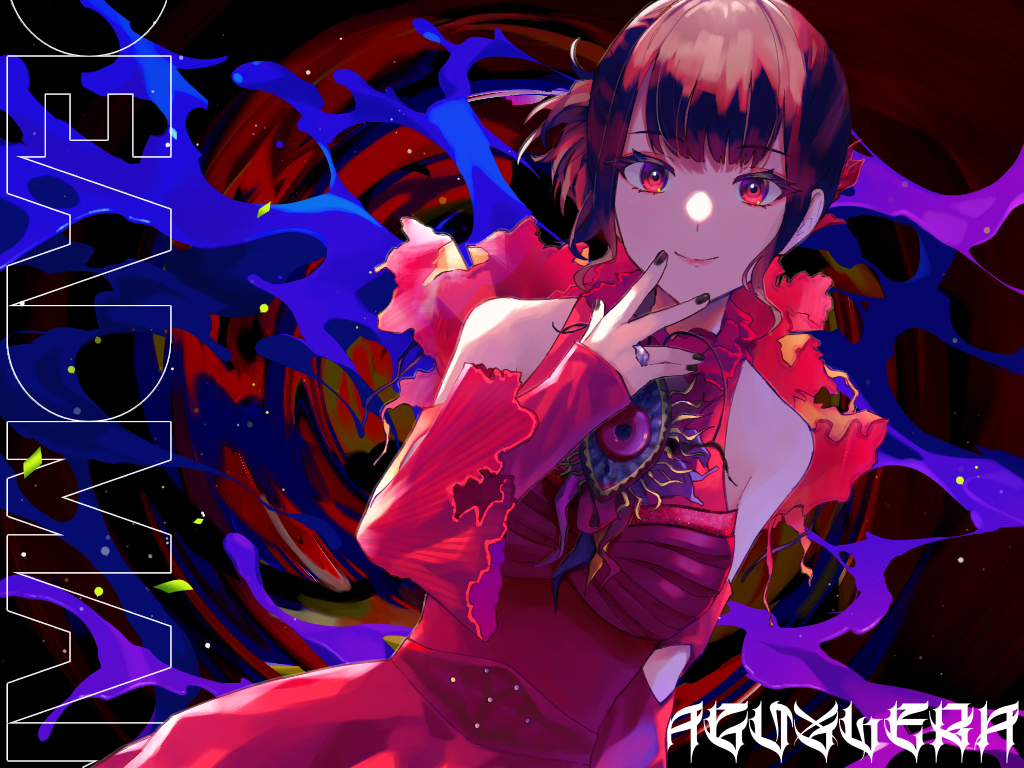 1girl, aguilera_(kamen_rider_revice), atamano, black_nails, brown_hair, character_name, detached_sleeves, dress, dutch_angle, jewelry, kamen_rider, kamen_rider_revice, red_dress, red_eyes, ring, solo