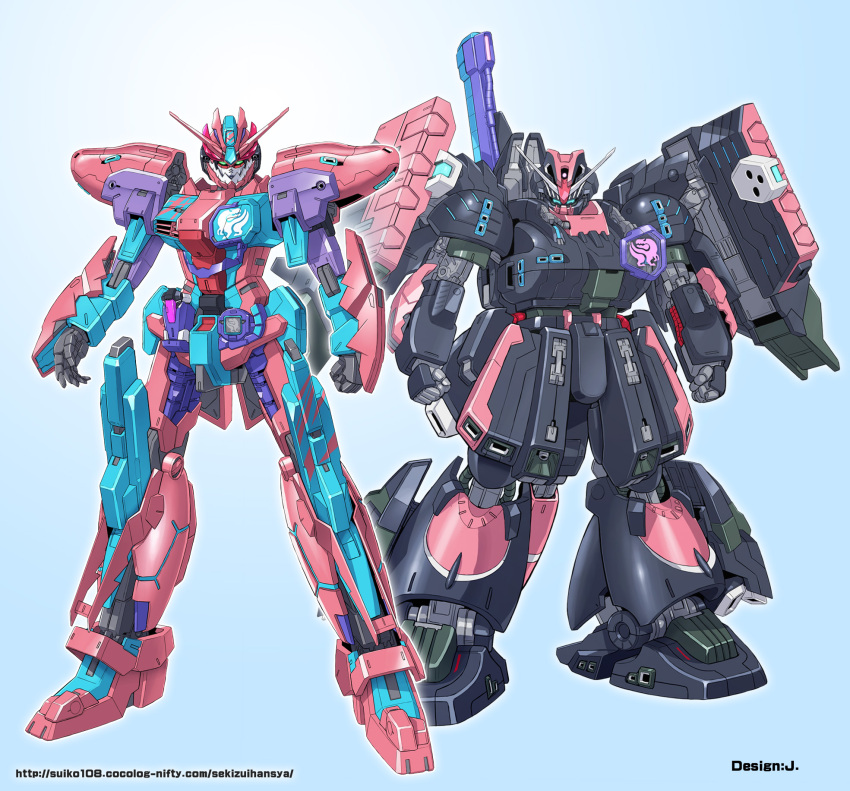 armor, artist_name, beam_rifle, energy_gun, fusion, gradient, gradient_background, gundam, gundam_walpurgis, highres, kamen_rider, kamen_rider_revi, kamen_rider_revice, kamen_rider_vice, mecha, no_humans, over.on, rex_genome, shoulder_armor, the_o, watermark, weapon, weapon_on_back, web_address, yanagi_joe
