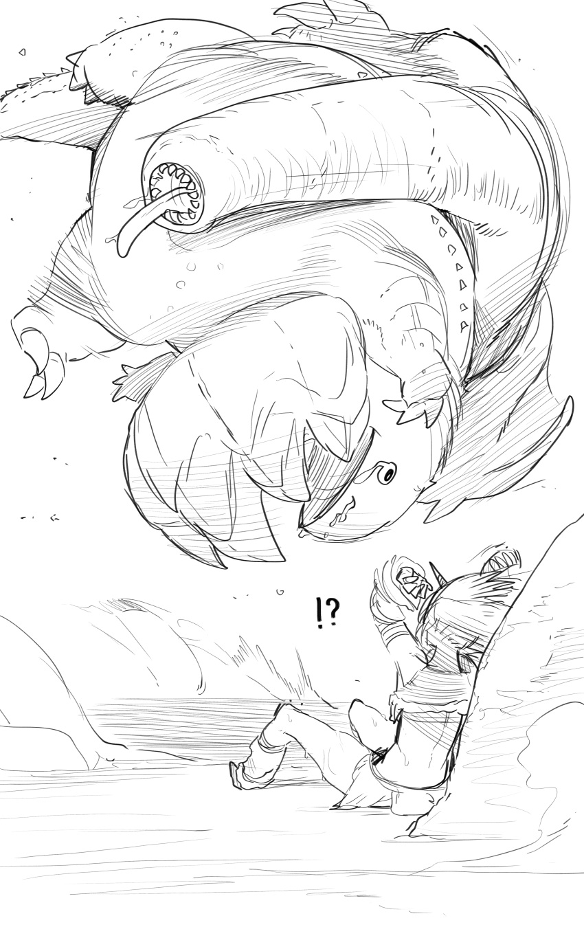 !?, 1girl, absurdres, dodogama, flying, from_behind, greyscale, hairband