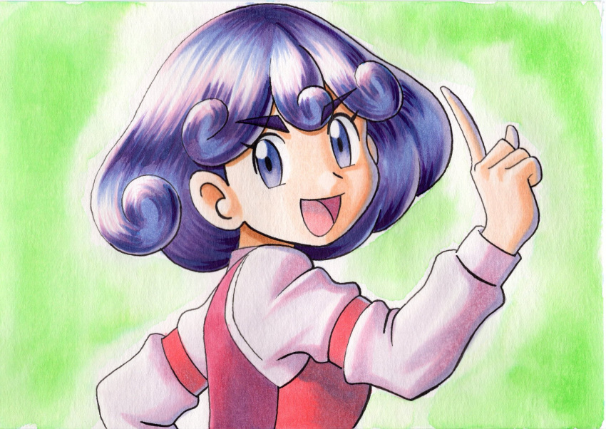 1girl, :d, bangs, burgundy_(pokemon), commentary_request, curly_hair, eyebrows_visible_through_hair, eyelashes