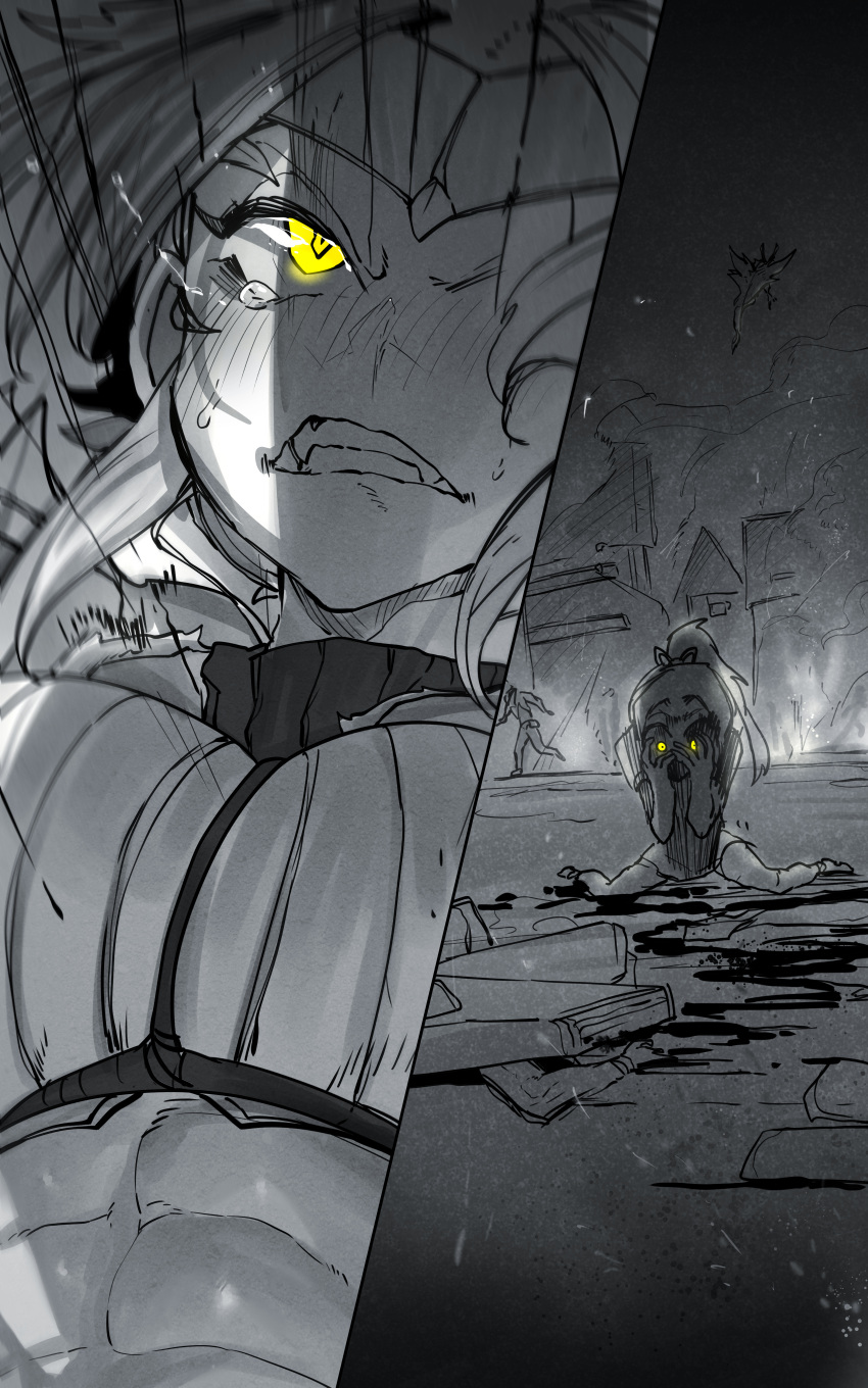 1girl, absurdres, blood, clenched_teeth, crushed, death, destruction, falling