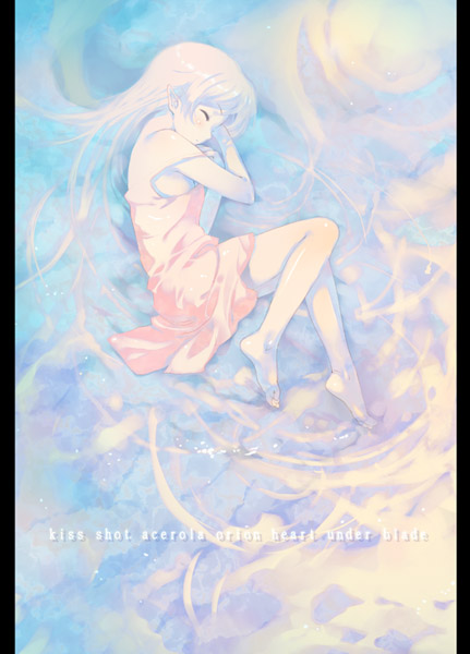 bakemonogatari, barefoot, closed_eyes, dress, feet, fetal_position, legs, lying