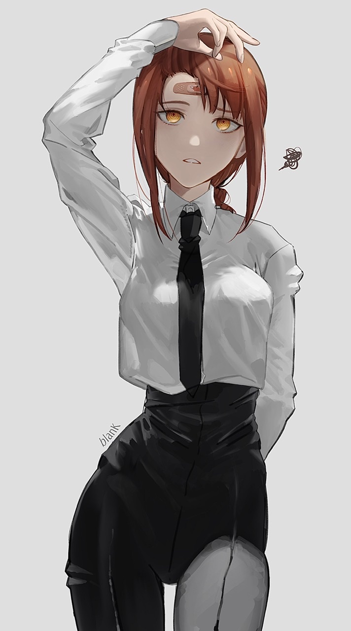 1girl, 2_blankk, bandaid, black_pants, braid, braided_ponytail, breasts, chainsaw_man