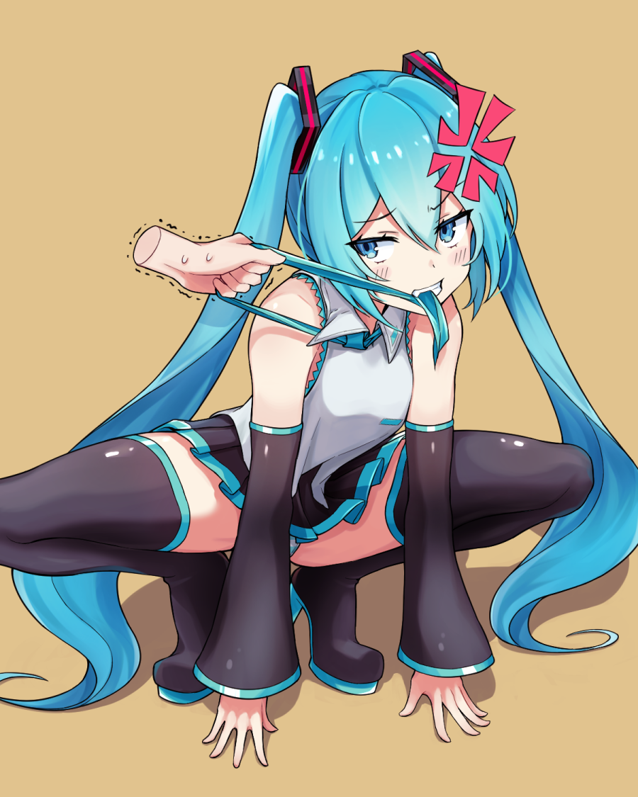 1girl, anger_vein, aqua_eyes, aqua_hair, aqua_neckwear, bare_shoulders, black_legwear, black_skirt, black_sleeves, boots, brown_background, clenched_teeth, commentary, detached_sleeves, disembodied_limb, grey_shirt, hair_ornament, hatsune_miku, high_heels, komashiro_n, long_hair, meme, miniskirt, mouth_hold, necktie, necktie_in_mouth, panties, pantyshot, pleated_skirt, pulling, raised_eyebrow, shirt, sideways_glance, skirt, sleeveless, sleeveless_shirt, solo, squatting, striped, striped_panties, teeth, thigh-highs, thigh_boots, trembling, twintails, underwear, very_long_hair, vocaloid