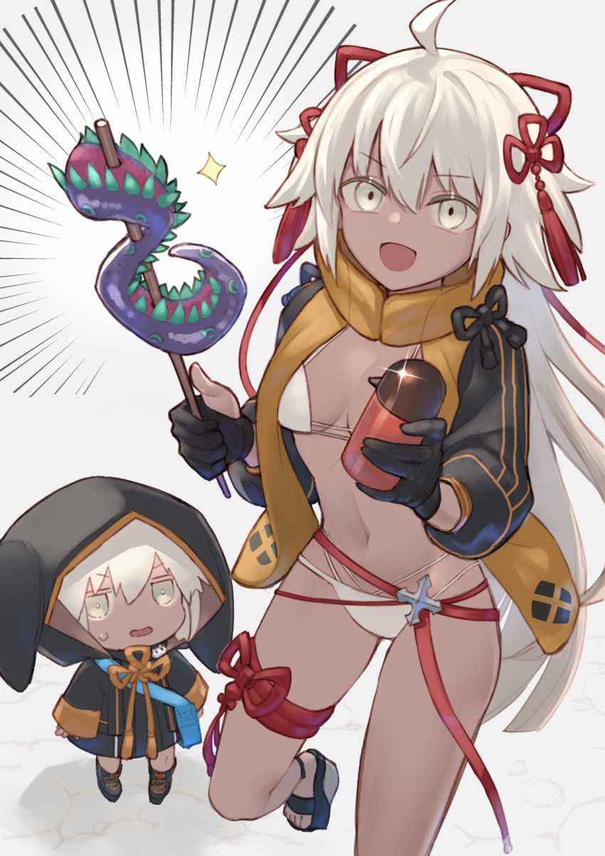 2girls, ahoge, bangs, bikini, black_jacket, breasts, cropped_jacket, dark-skinned_female, dark_skin, fate/grand_order, fate_(series), grey_eyes, highres, hood, hooded_jacket, jacket, long_hair, long_sleeves, looking_at_viewer, medium_breasts, multiple_girls, navel, okita_souji_(alter_swimsuit_saber)_(fate), okita_souji_(fate)_(all), open_mouth, orange_scarf, rengoku_(fate), romayasu, scarf, shrug_(clothing), skewer, smile, swimsuit, tassel, tentacles, thighs, very_long_hair, white_bikini, white_hair