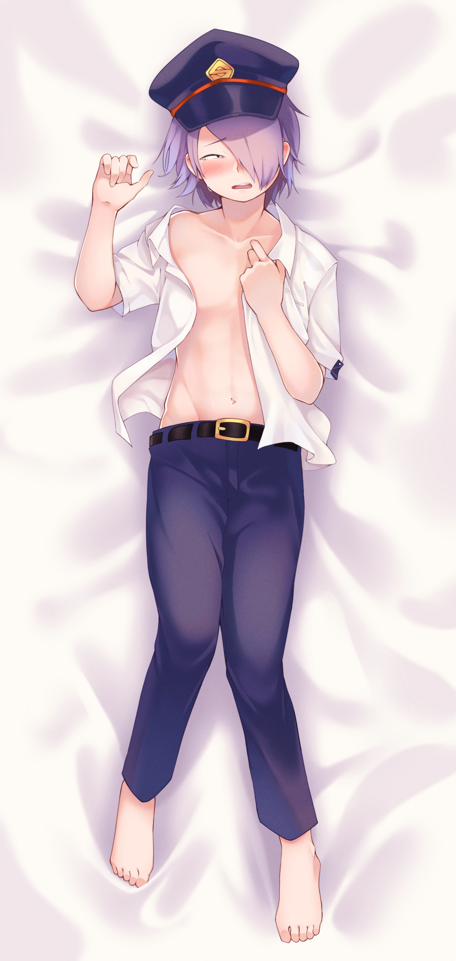 1boy, bangs, barefoot, belt, black_belt, black_headwear, black_pants, blush, boku_no_hero_academia, chikuwa_savy, collarbone, commentary_request, crying, full_body, half-closed_eye, hat, highres, looking_at_viewer, lying, male_focus, navel, on_back, open_clothes, open_mouth, open_shirt, pants, peaked_cap, purple_hair, shirt, shishikura_seiji, short_hair, short_sleeves, solo, tears, upper_teeth, white_shirt