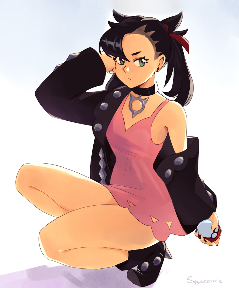 1girl, :<, ankle_boots, arm_up, artist_name, bare_legs, black_choker, black_footwear