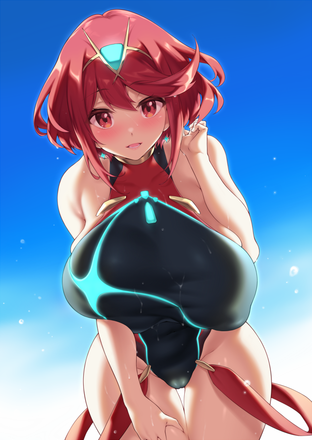 1girl, bangs, bare_shoulders, black_swimsuit, blue_sky, blush, breasts, chest_jewel