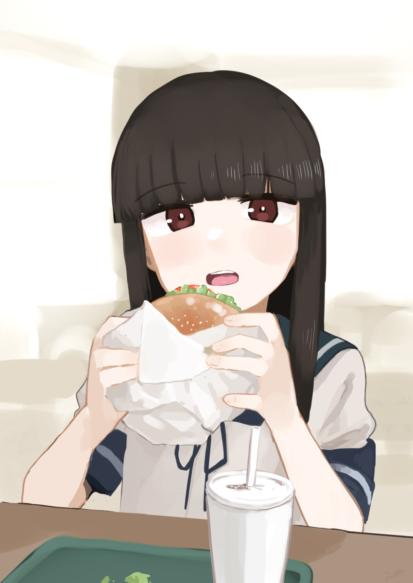 1girl, 4me_4ma, absurdres, bangs, black_hair, blue_sailor_collar, blunt_bangs, brown_eyes, burger, collared_shirt, drink, drinking_straw, food, hatsuyuki_(kancolle), highres, hime_cut, kantai_collection, long_hair, looking_at_viewer, neckerchief, open_mouth, sailor_collar, school_uniform, serafuku, shirt, solo, tumbler