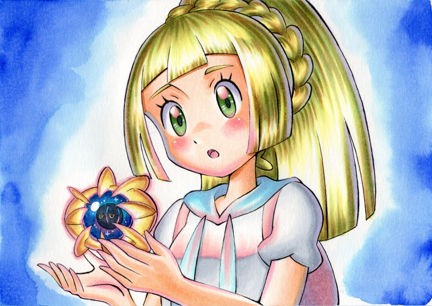 1girl, :o, bangs, blonde_hair, blue_background, blue_sailor_collar, blush, braid, commentary_request, cosmoem, crown_braid, eyelashes, green_eyes, high_ponytail, highres, legendary_pokemon, lillie_(pokemon), long_hair, looking_down, oka_mochi, open_mouth, pokemon, pokemon_(creature), pokemon_(game), pokemon_sm, sailor_collar, shirt, short_sleeves, tongue, traditional_media, white_shirt