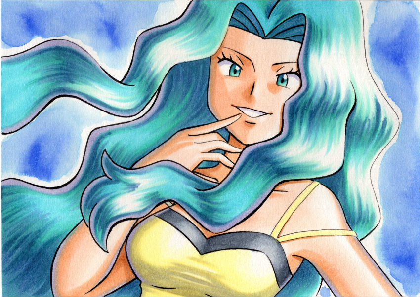 1girl, blue_background, breasts, collarbone, commentary, eyelashes, green_eyes, green_hair