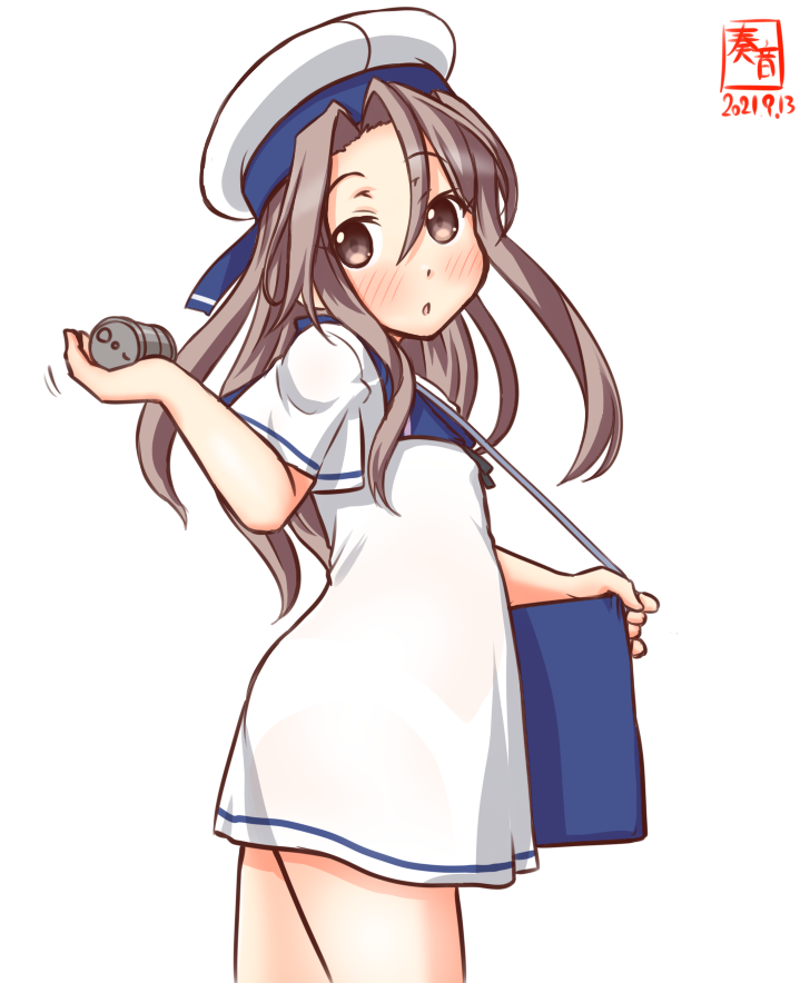 1girl, alternate_costume, artist_logo, blue_sailor_collar, box, brown_eyes, brown_hair, commentary_request