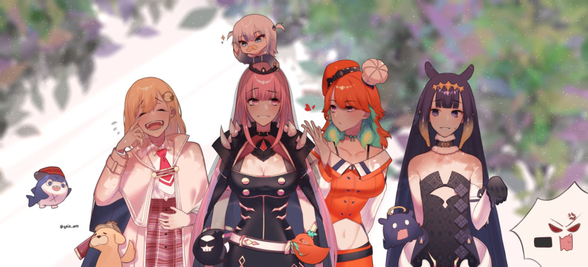 5girls, animal_costume, animal_hood, anniversary, asymmetrical_gloves, bangs, black_collar, black_dress