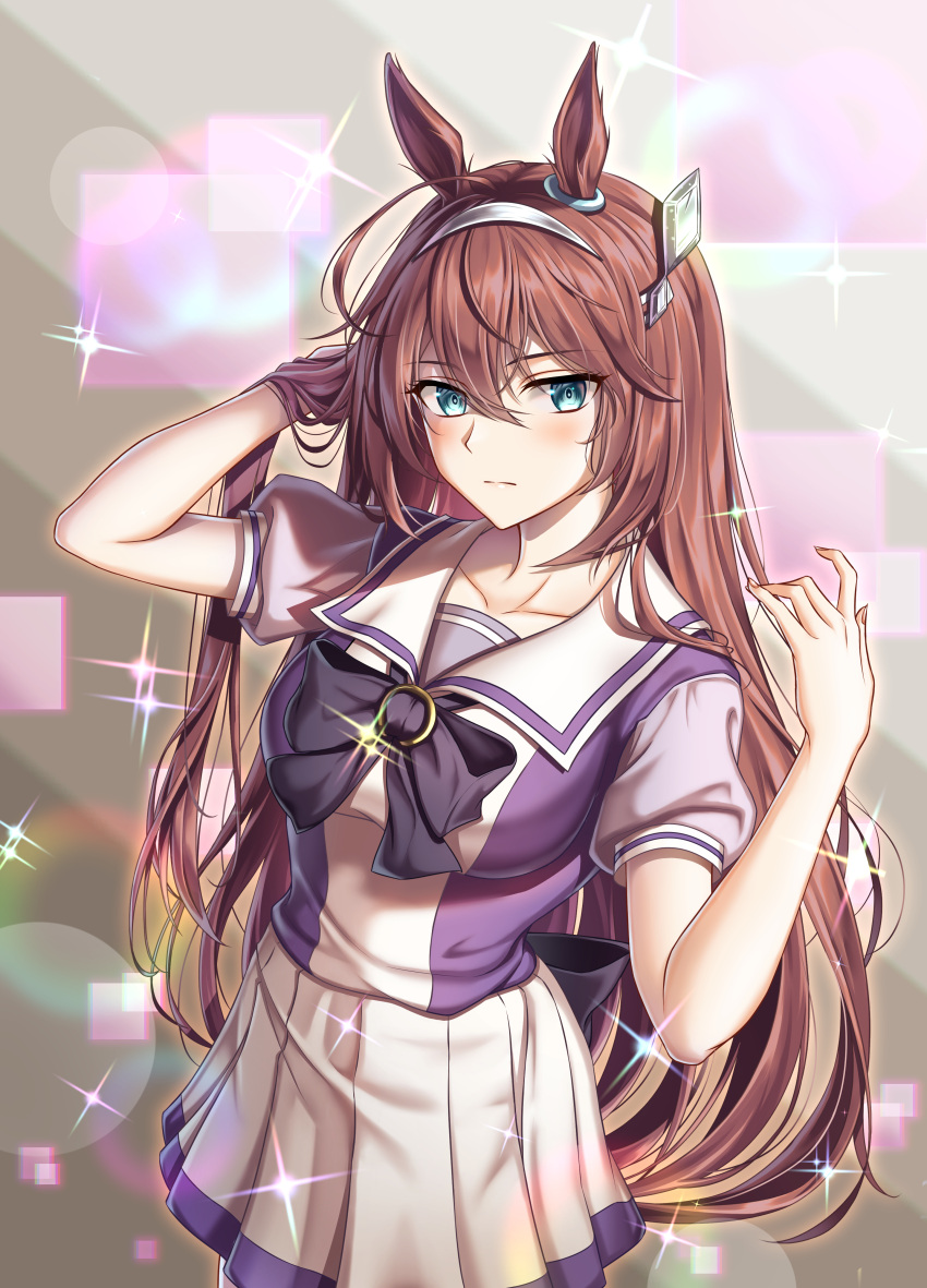 1girl, absurdres, adjusting_hair, ahoge, animal_ears, arm_up, black_bow, blue_eyes