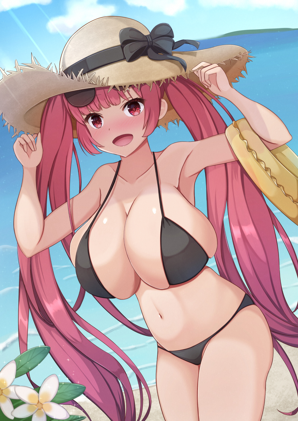 1girl, azur_lane, beach, bikini, black_bikini, black_ribbon, breasts, eyewear_on_head, flower, hat, highres, honolulu_(azur_lane), honolulu_(summer_accident?!)_(azur_lane), huge_breasts, inari_jin, long_hair, official_alternate_costume, open_mouth, outdoors, red_eyes, redhead, ribbon, skindentation, solo, standing, straw_hat, sunglasses, swimsuit, twintails, very_long_hair, water, white_flower, yellow_innertube