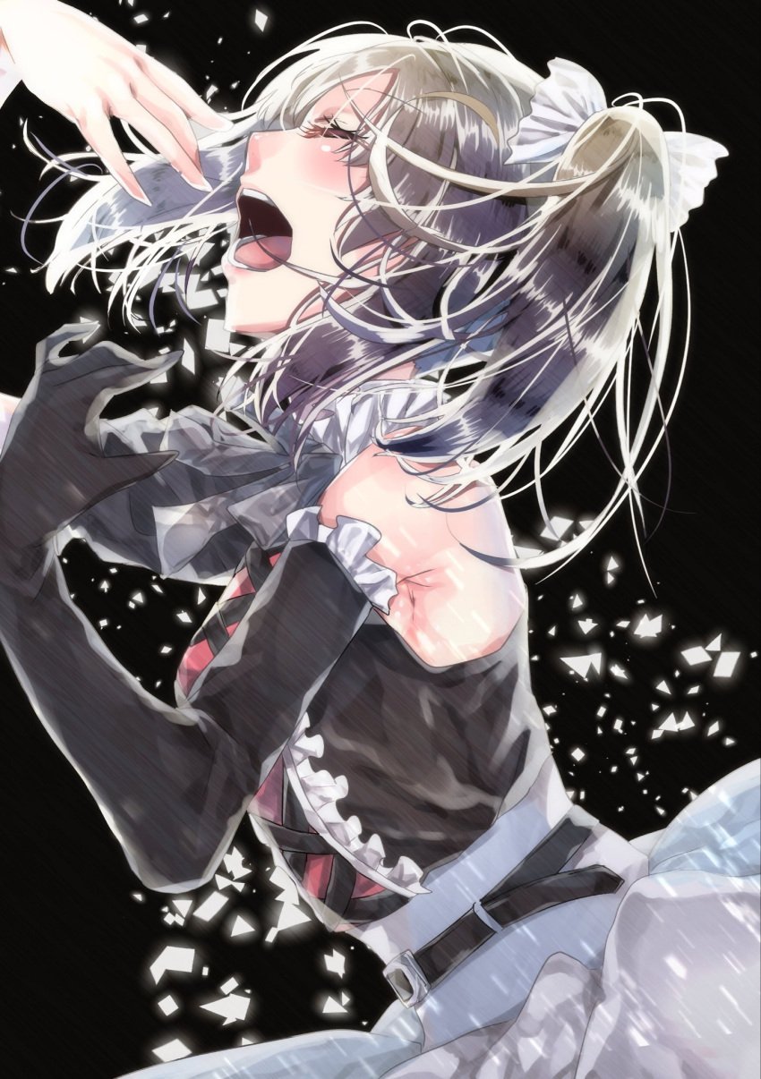 1girl, bangs, belt, black_gloves, closed_eyes, commentary_request, elbow_gloves, from_side, gloves, highres, kazuno_sarah, long_hair, love_live!, love_live!_sunshine!!, music, purple_hair, self_control!!, side_ponytail, sidelocks, singing, single_glove, solo, takenokohime