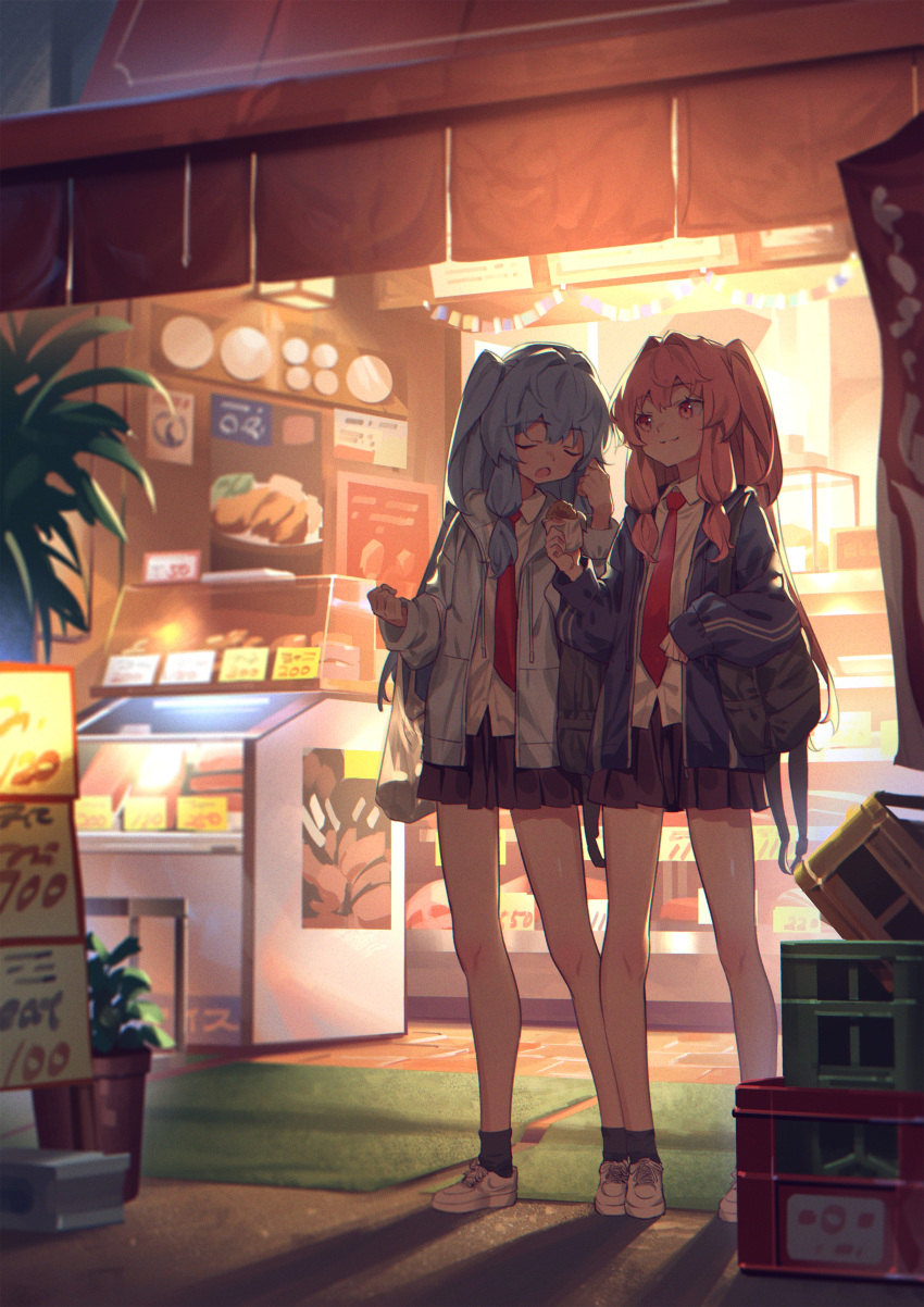 2girls, :3, absurdres, awning, bag, bangs, black_bag, black_legwear