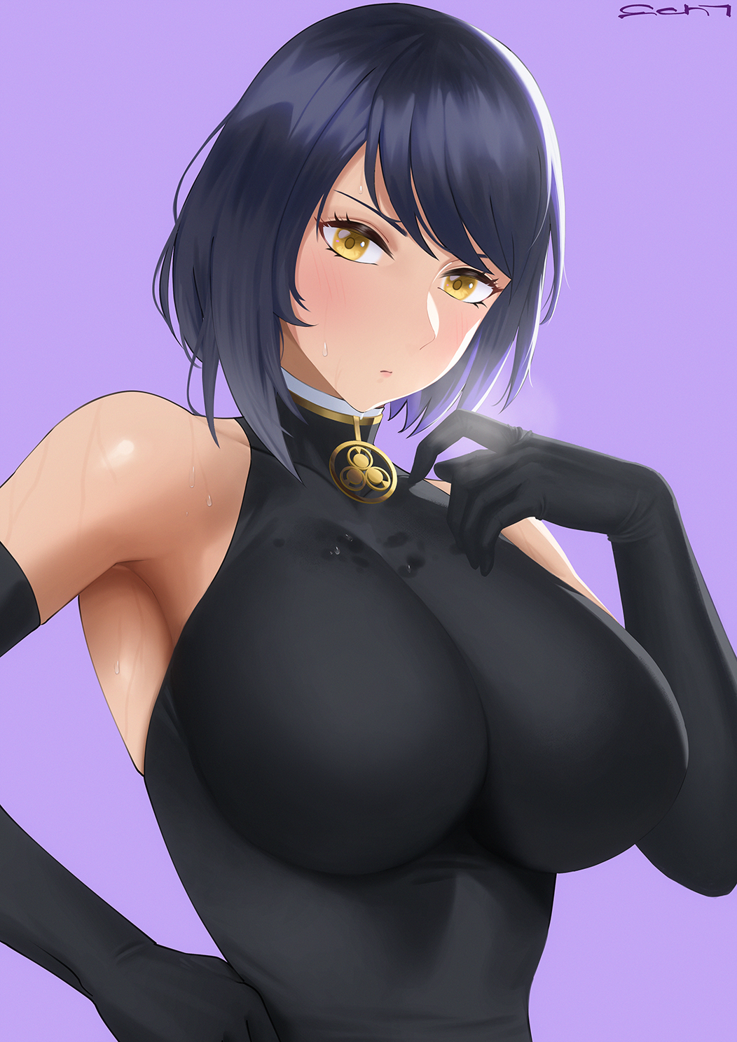 1girl, black_bodysuit, black_gloves, black_hair, blush, bodysuit, breasts, echt