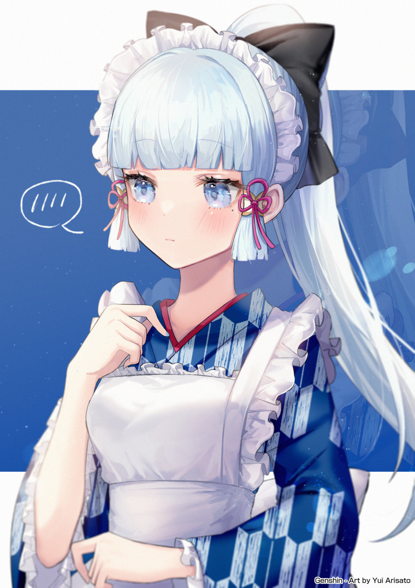1girl, apron, arisato_yui, bangs, black_bow, blue_eyes, blue_hair, blunt_bangs, blush, bow, eyebrows_visible_through_hair, genshin_impact, hair_bow, highres, kamisato_ayaka, maid, maid_headdress, ponytail, sidelocks, solo, thought_bubble